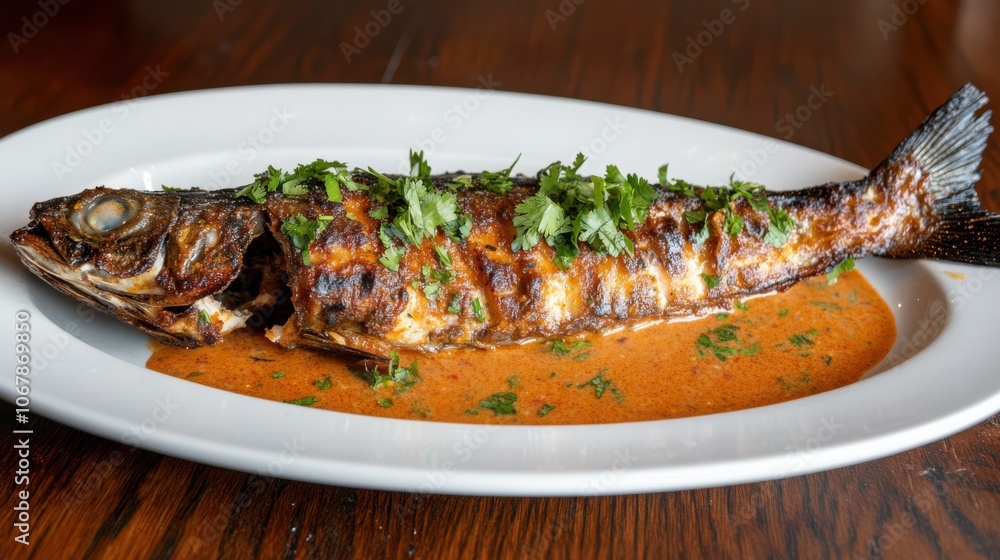 A whole fish is elegantly presented with luscious curry sauce and fresh herbs, offering a rich and aromatic culinary experience on a pristine white plate. A whole fish is elegantly presented with luscious curry sauce and fresh herbs, offering a rich and aromatic culinary experience on a pristine white plate.