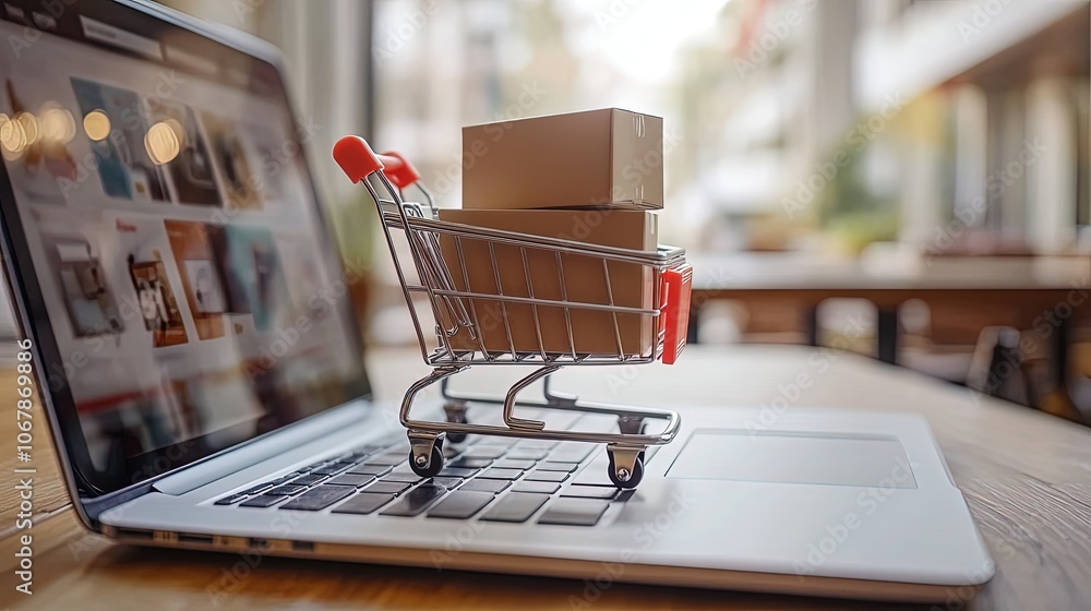 A shopping cart on a laptop symbolizes online shopping convenience. A shopping cart on a laptop symbolizes online shopping convenience.