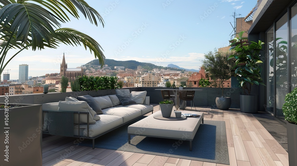 Fototapeta premium Top Floor Outdoor Terrace - a serene and inviting space. The terrace offers a perfect blend of comfort and elegance, ideal for relaxation and enjoyment.