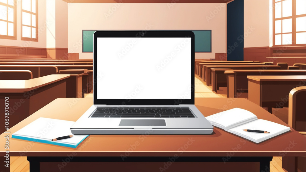 A modern laptop sits open on a desk in a sunlit, empty classroom. The scene reflects themes of education, technology, and innovation in a learning environment. A modern laptop sits open on a desk in a sunlit, empty classroom. The scene reflects themes of education, technology, and innovation in a learning environment.