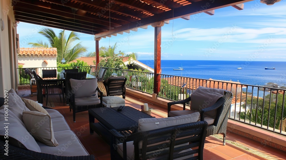 Fototapeta premium Top Floor Outdoor Terrace - a serene and inviting space. The terrace offers a perfect blend of comfort and elegance, ideal for relaxation and enjoyment.