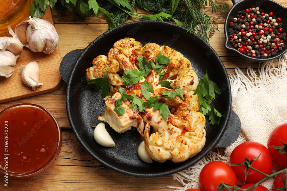Tasty cauliflower steak in frying pan and other products on wooden table, top view Tasty cauliflower steak in frying pan and other products on wooden table, top view