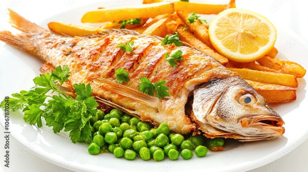 Golden Fried Fish Served with Fries and Green Peas Golden Fried Fish Served with Fries and Green Peas