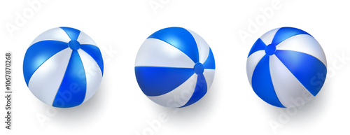 Beach ball top view, summer inflatable pool toy. Vector isolated 3d render. Ocean island party beachball. Circus clown icon, blue white water balloon. Color realistic plastic object, inflate to game.