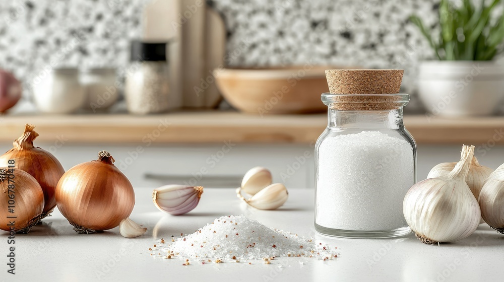 Rustic Scene with Onion and Garlic Ingredients Rustic Scene with Onion and Garlic Ingredients