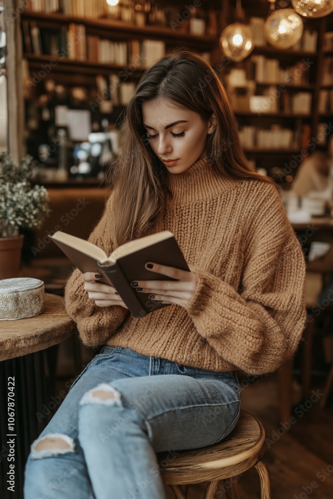 Cozy scene of a person reading in a cafe, wearing a sweater and jeans, enjoying the ambiance. AI generated Cozy scene of a person reading in a cafe, wearing a sweater and jeans, enjoying the ambiance. AI generated