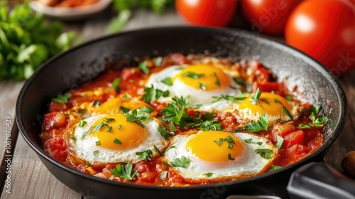 Wallpaper Mural Close-Up of Shakshuka in Skillet with Fresh Ingredients Torontodigital.ca