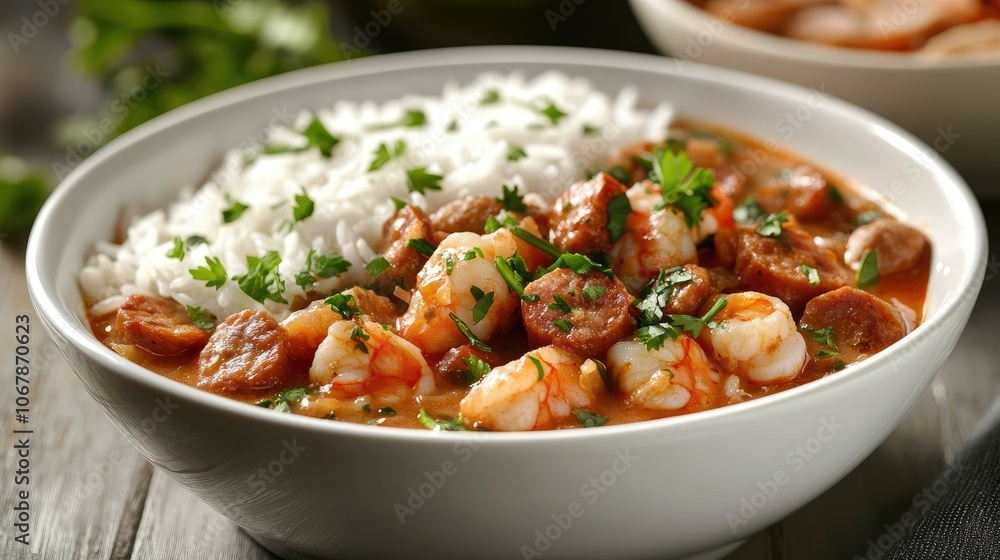 Hearty Seafood Dish in White Bowl with Rice Hearty Seafood Dish in White Bowl with Rice