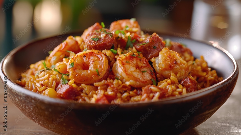 Warm Bowl of Jambalaya in Rustic Atmosphere Warm Bowl of Jambalaya in Rustic Atmosphere