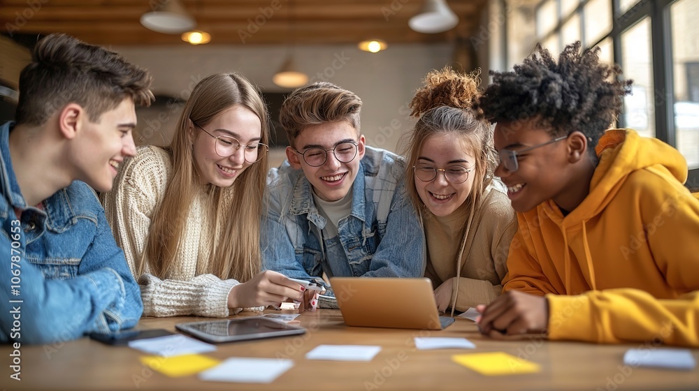 A group of five young people collaborates around a table, engaging with a tablet and discussing ideas in a cozy, modern setting. A group of five young people collaborates around a table, engaging with a tablet and discussing ideas in a cozy, modern setting.