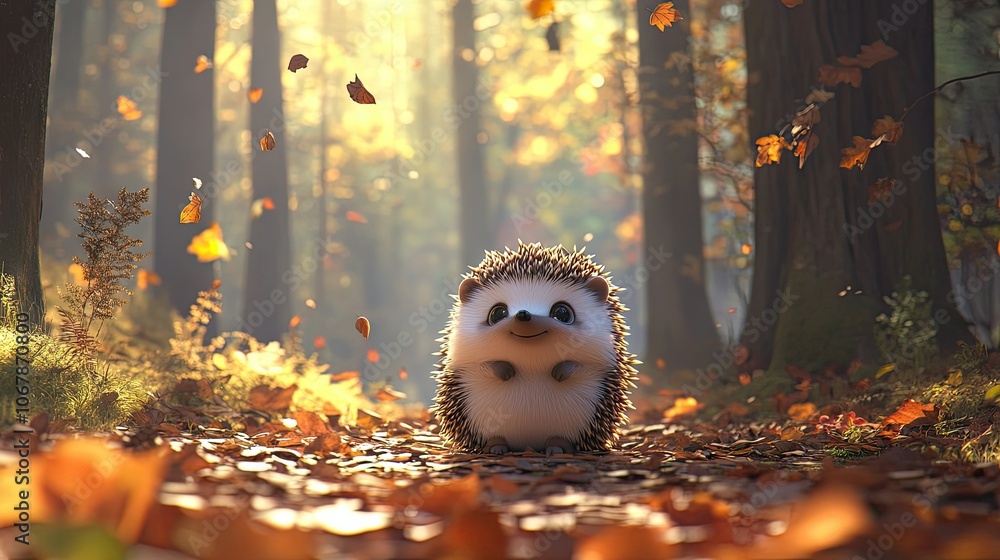 Sweet hedgehog on a sunlit forest path, sitting among scattered leaves and twigs, with a curious expression and soft natural light Sweet hedgehog on a sunlit forest path, sitting among scattered leaves and twigs, with a curious expression and soft natural light