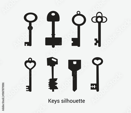 Vector keys silhouette. Antique old key silhouette illustrations