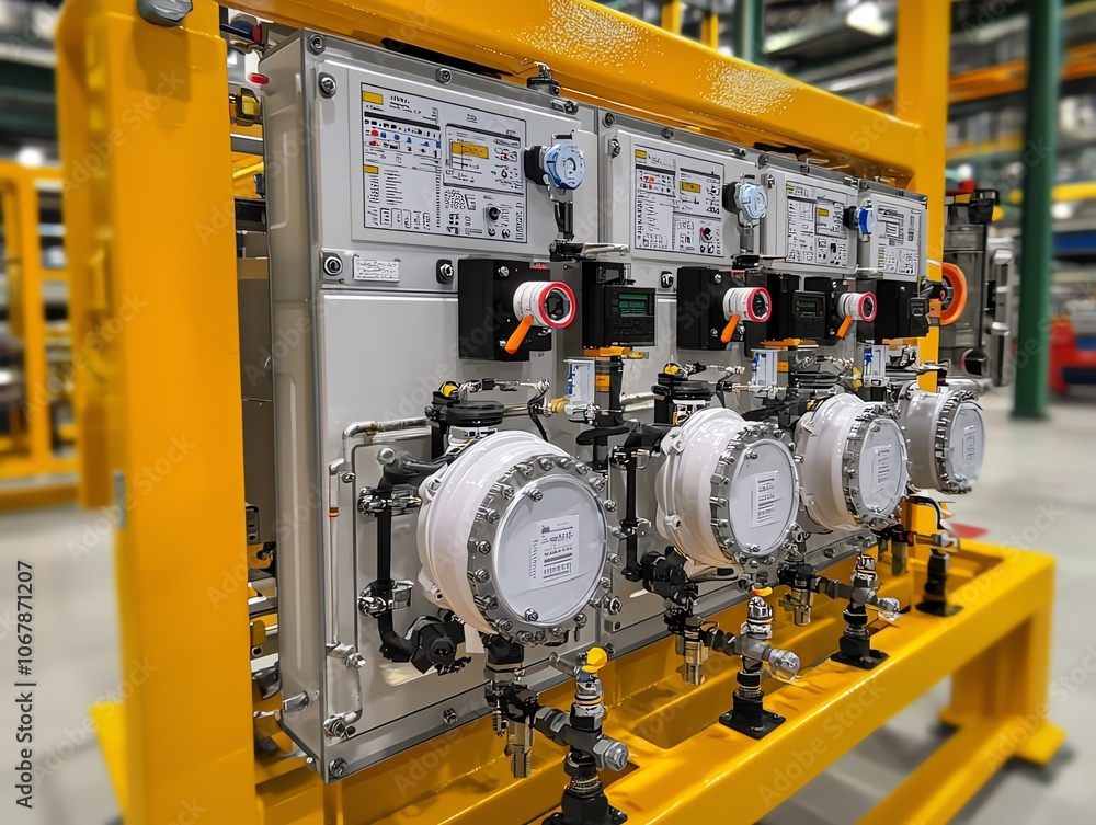 A detailed view of industrial machinery featuring gauges, valves, and control panels, set in a spacious manufacturing environment. A detailed view of industrial machinery featuring gauges, valves, and control panels, set in a spacious manufacturing environment.