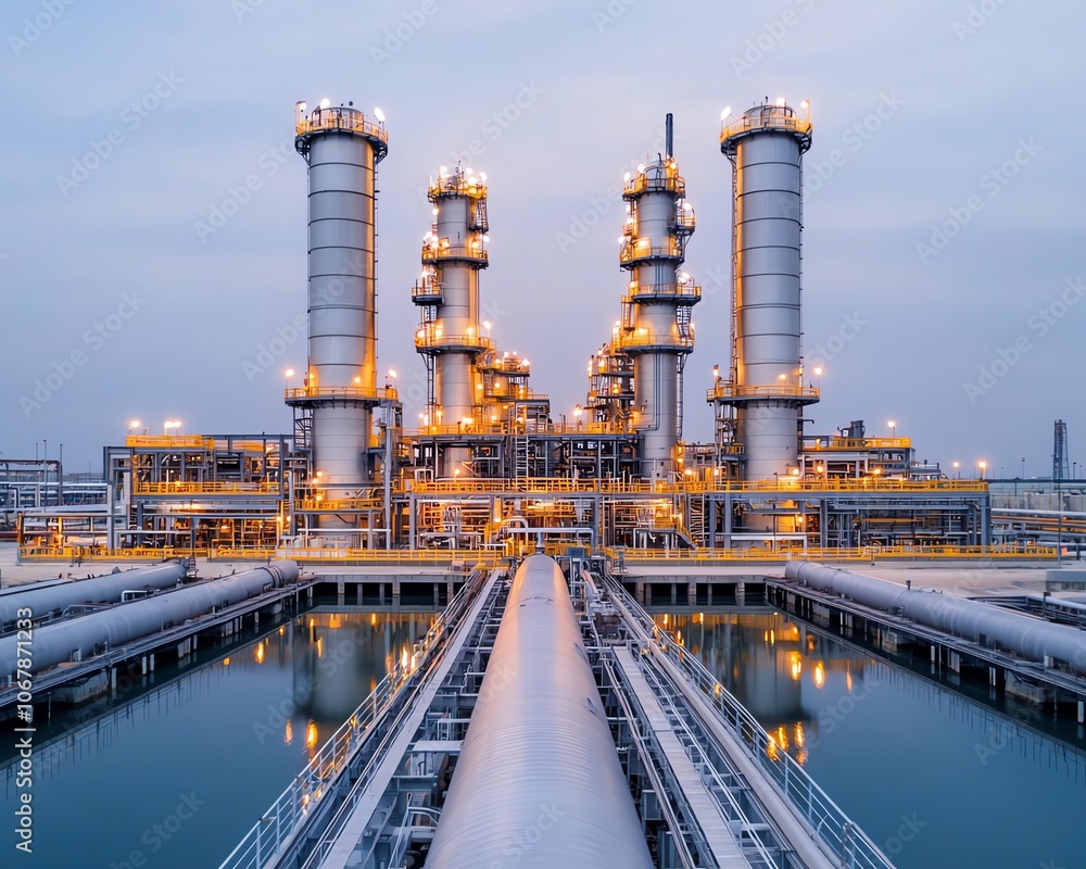 Fototapeta premium An industrial facility with towering structures and pipelines, illuminated against a twilight sky, showcasing its operational complexity and engineering.
