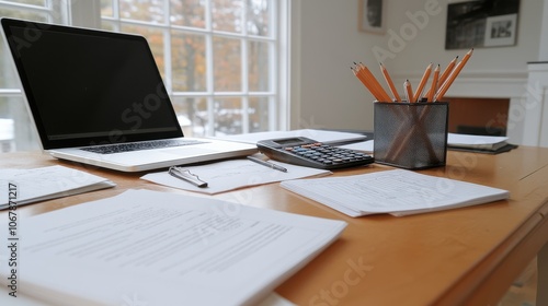 Wallpaper Mural A tidy home office desk is basked in gentle sunlight, showcasing a laptop, calculator, pencils, and scattered papers, creating a productive workspace vibe. Torontodigital.ca