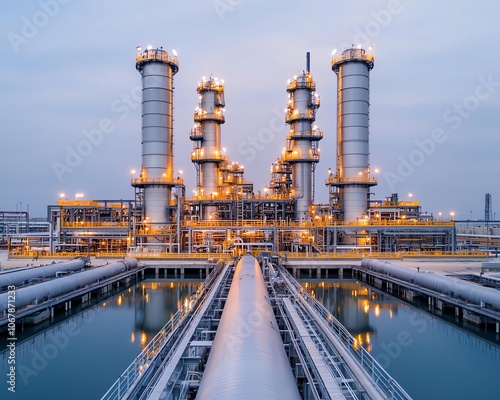 An industrial facility with towering structures and pipelines, illuminated against a twilight sky, showcasing its operational complexity and engineering. photo