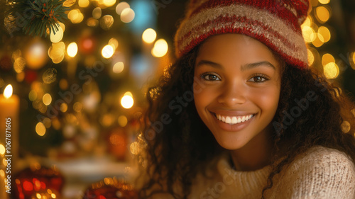 Beautiful young woman with natural curly hair wearing winter knit hat and sweater, smiling warmly against festive Christmas lights and decorations background.