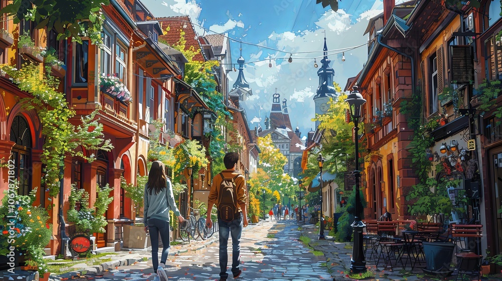 Naklejka premium A couple strolls hand-in-hand down a cobblestone street lined with historic buildings. They pause to admire the architecture, snapping photos as they take in the rich history and culture of the city