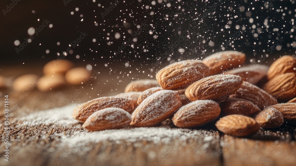 Fresh almonds dusted with powdered sugar on a rustic wooden surface, ideal for culinary creations and food photography Fresh almonds dusted with powdered sugar on a rustic wooden surface, ideal for culinary creations and food photography