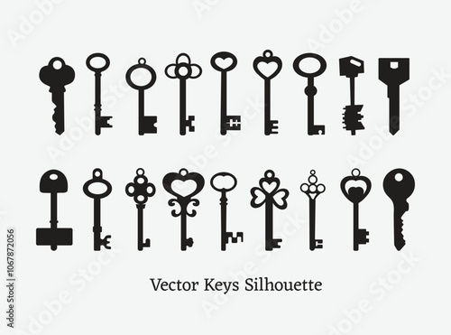Vector keys silhouette. Antique old key silhouette illustrations