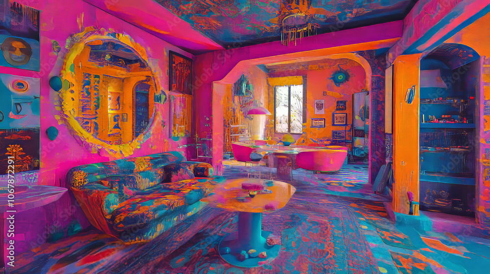 Fototapeta premium Psychedelic Interior: Vibrant Surreal Living Room