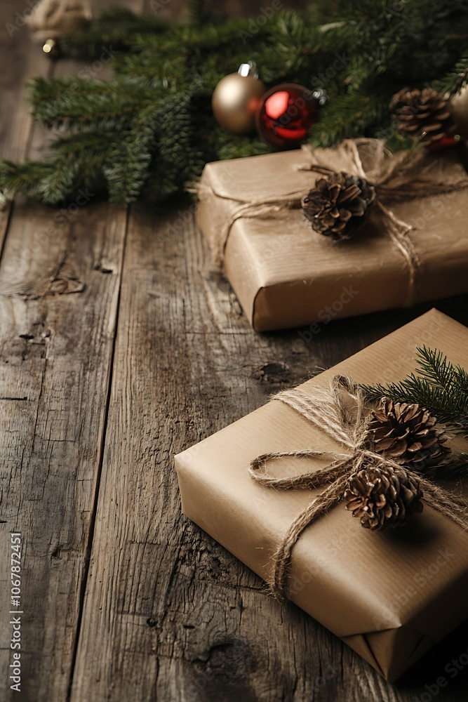 Wrapped gifts with rustic holiday decorations on a wooden table, with space for text. Wrapped gifts with rustic holiday decorations on a wooden table, with space for text.