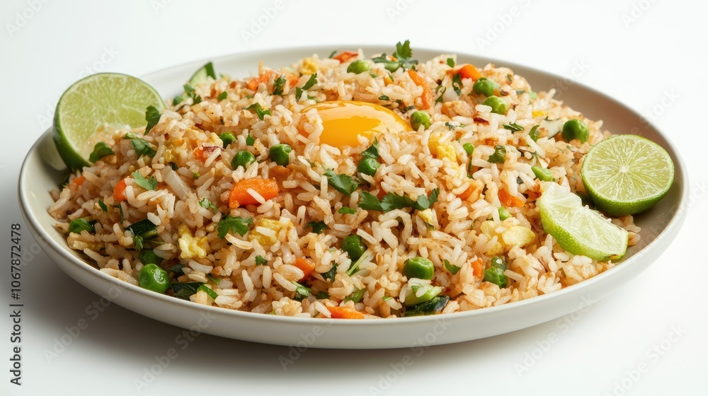 Close-Up of Appetizing Fried Rice with Citrus Garnish Close-Up of Appetizing Fried Rice with Citrus Garnish