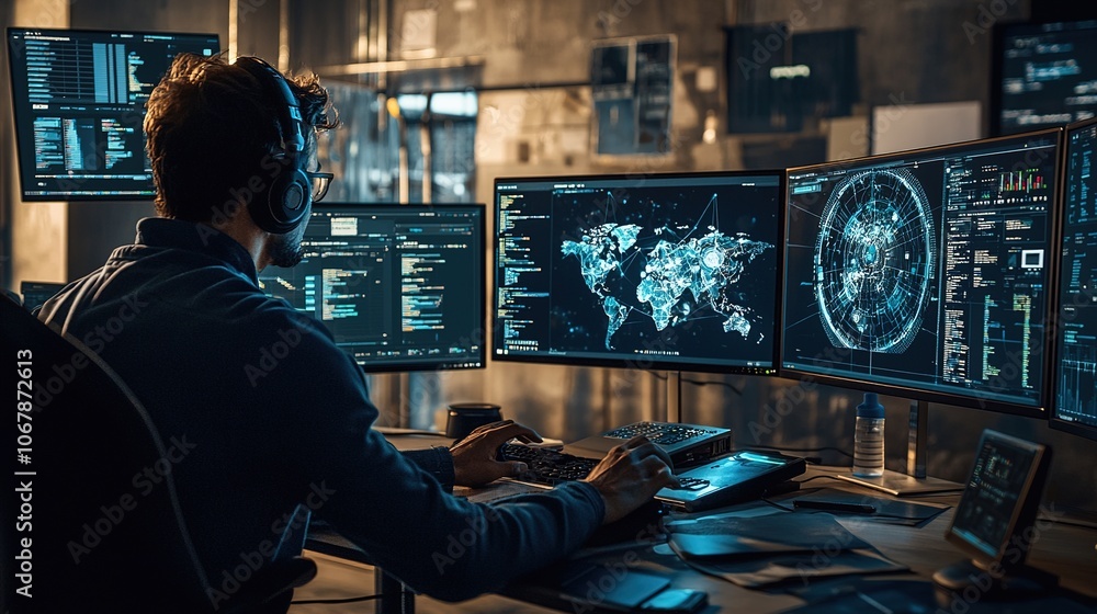 A tech-savvy individual monitors multiple screens displaying global data and digital analytics in a modern workspace. A tech-savvy individual monitors multiple screens displaying global data and digital analytics in a modern workspace.