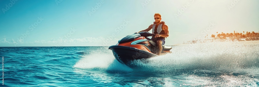 Jetski in water. Summer tropical sports. Jetski in water. Summer tropical sports.