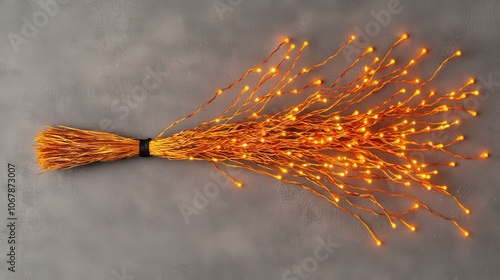 Witch s Broom with Warm Fairy Lights   Halloween Decoration photo