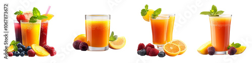 Four different fruit juices are shown in a row