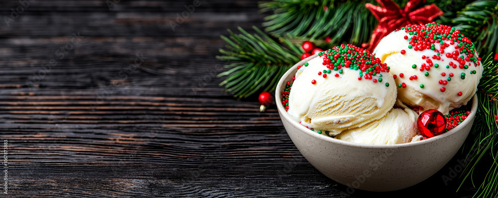 Festive ice cream bowl with red and green sprinkles, surrounded by holiday decorations. Perfect for celebrating season with joy and sweetness Festive ice cream bowl with red and green sprinkles, surrounded by holiday decorations. Perfect for celebrating season with joy and sweetness