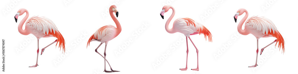 Fototapeta premium Four flamingos standing in a row, each with a different pose