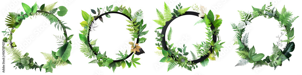 Fototapeta premium Four wreaths of green leaves are arranged in a row