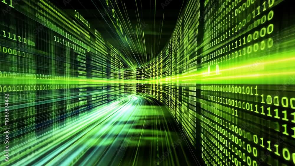 A digital tunnel made of green binary code, showcasing the speed of data transfer and the vastness of the digital world A digital tunnel made of green binary code, showcasing the speed of data transfer and the vastness of the digital world