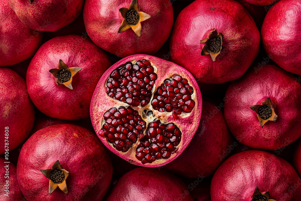 Pomegranates radiate vibrant red hues, with one fruit cut open, revealing a bounty of juicy seeds that emphasize natural beauty and freshness. Pomegranates radiate vibrant red hues, with one fruit cut open, revealing a bounty of juicy seeds that emphasize natural beauty and freshness.