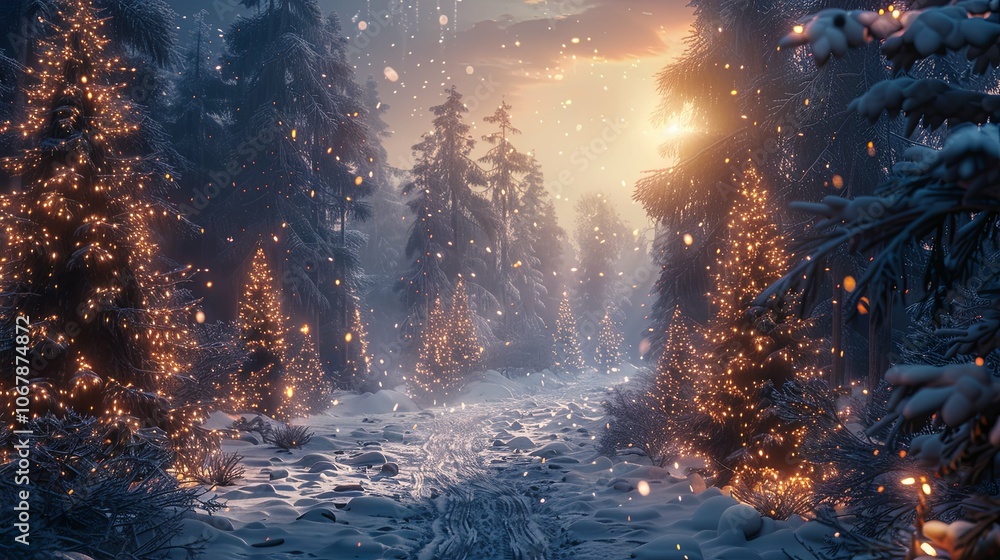 A forest of Christmas trees lit up with lights. The trees are lit up in the snow A forest of Christmas trees lit up with lights. The trees are lit up in the snow