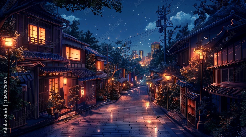 A Beautiful Evening Scene of Tokyo City, Featuring Houses Along a Street in Anime Comic Art Style A Beautiful Evening Scene of Tokyo City, Featuring Houses Along a Street in Anime Comic Art Style