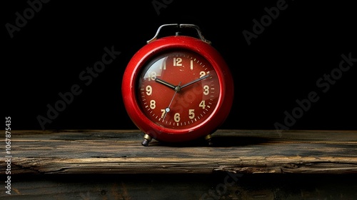 Wallpaper Mural Red Alarm Clock Resting on a Wooden Table Against a Black Background Torontodigital.ca