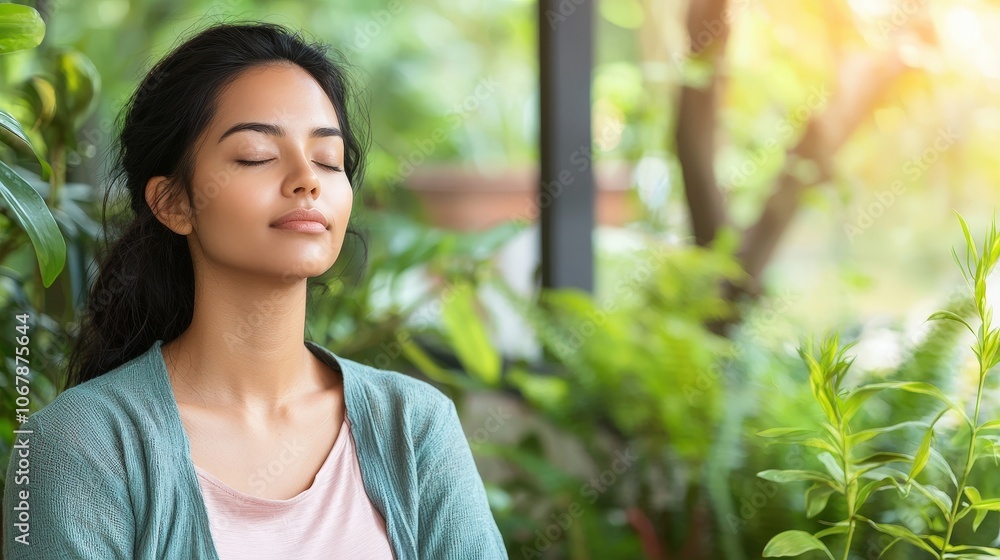 Woman Meditating in Peaceful Garden with Green Foliage and Sunlight Woman Meditating in Peaceful Garden with Green Foliage and Sunlight