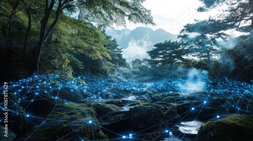 A digital network overlaying a tranquil forest scene with a stream running through it. The scene is a metaphor for the interconnectedness of nature and technology.