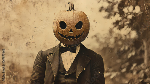 A vintage photograph reveals a man with a pumpkin head, unearthing curiosities of the past. perfect for halloween events and mysterious-themed designs. Vintage. Illustration photo