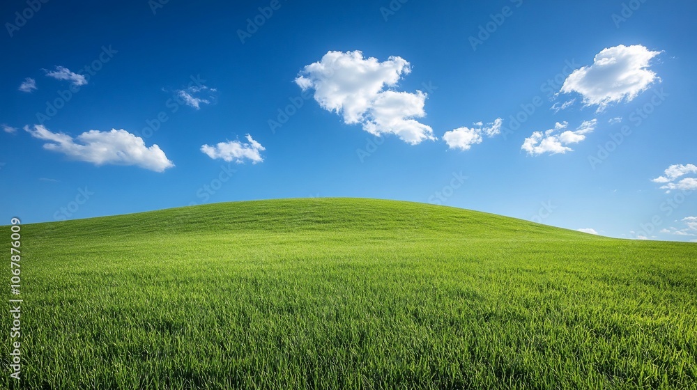 Fototapeta premium Rolling green hills under a clear blue sky with puffy white clouds.