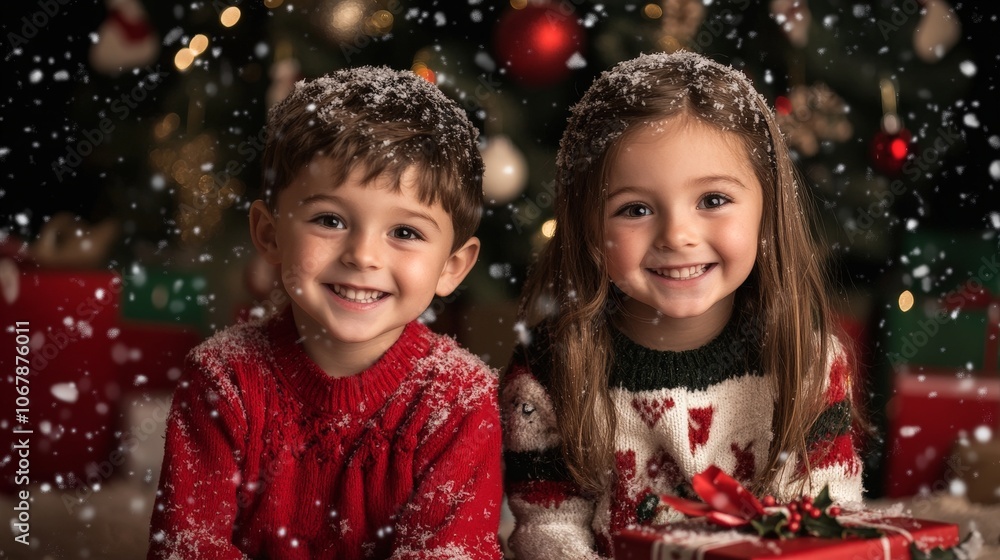 Two children in a Christmas atmosphere with gifts, Christmas tree and falling snow Two children in a Christmas atmosphere with gifts, Christmas tree and falling snow