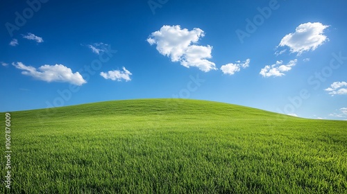 Rolling green hills under a clear blue sky with puffy white clouds.