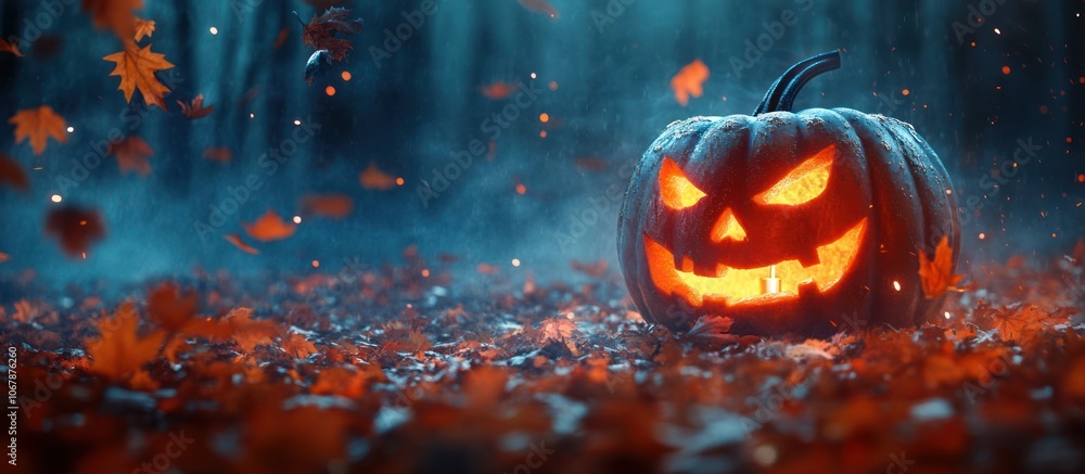 A glowing jack-o-lantern with a sinister grin sits on a bed of fallen leaves in a misty forest. A glowing jack-o-lantern with a sinister grin sits on a bed of fallen leaves in a misty forest.