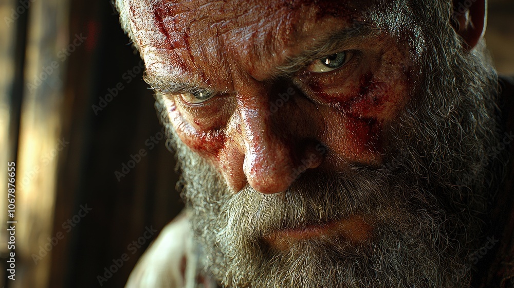 Close up Portrait of a Wounded Man with Bloodstains and Copy Space Close up Portrait of a Wounded Man with Bloodstains and Copy Space