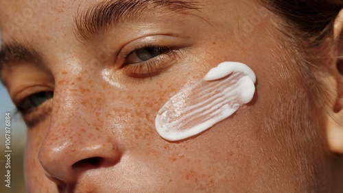 A close up of a gentle sunscreen lotion cream swatch on a sun-kissed woman