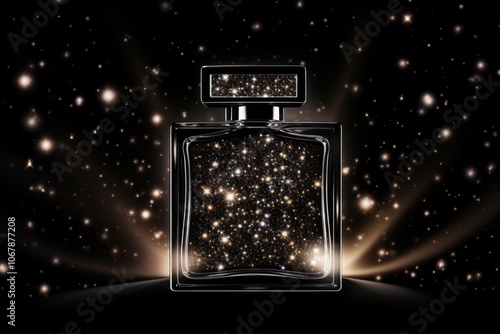 A bottle of perfume is shown with a lot of sparkles