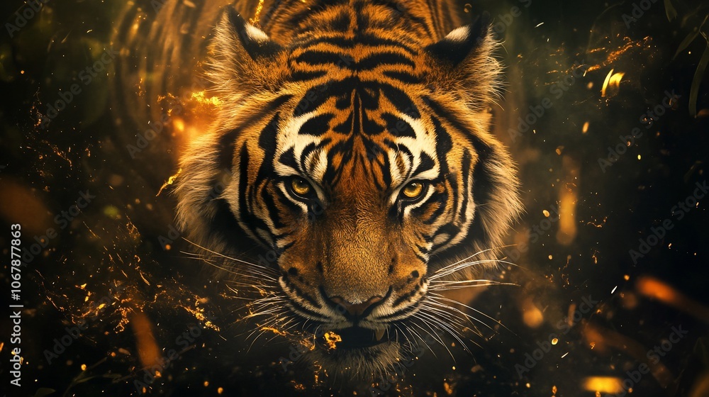 Fototapeta premium A majestic tiger with piercing yellow eyes stares intensely at the camera with a background of shimmering golden sparks.